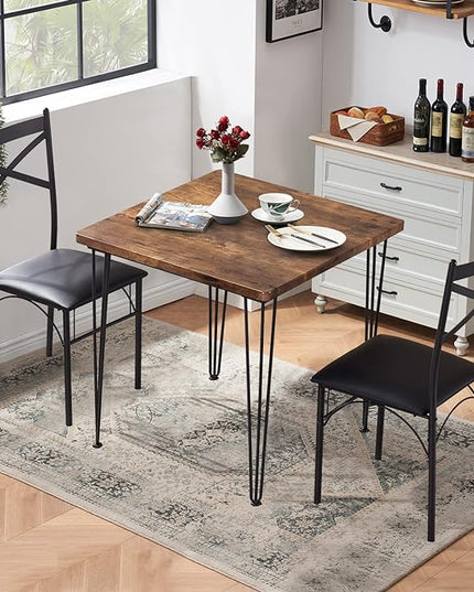 VECELO 3-Piece Table Chairs with Metal Legs for Kitchen, Room, Dinette, Breakfast Nook, Dining Set for 2, Retro Brown - LeafyLoom