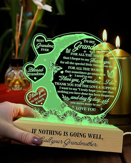 Grandma 3D Illusion Lamp w Wooden Base USB Powered Acrylic Night Light, Grandma Gifts from Grandchildren, to My Grandma Lamp Present, Gift for Grandmother, Gifts for Birthday Mothers Day - LeafyLoom