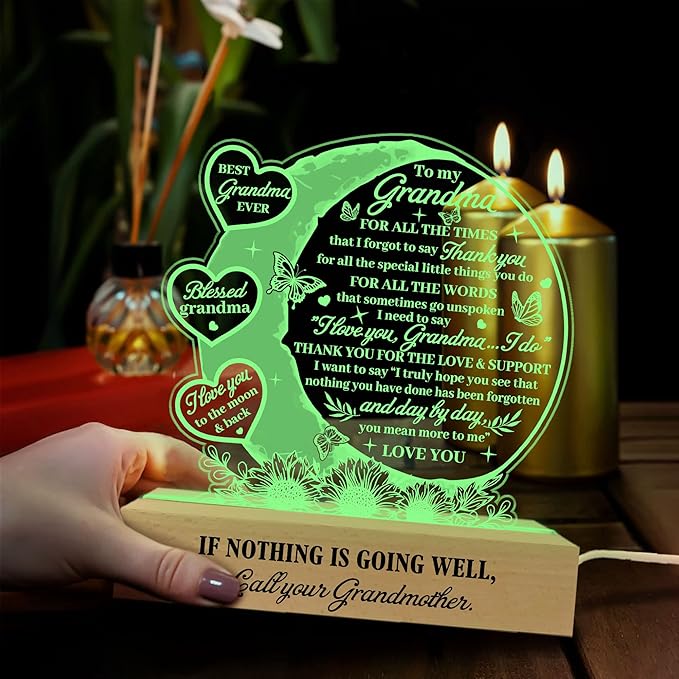 Grandma 3D Illusion Lamp w Wooden Base USB Powered Acrylic Night Light, Grandma Gifts from Grandchildren, to My Grandma Lamp Present, Gift for Grandmother, Gifts for Birthday Mothers Day - LeafyLoom