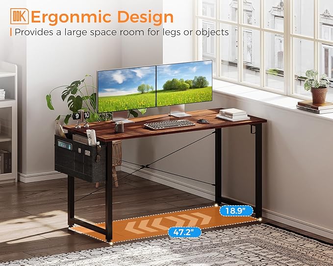 ODK Computer Desk Large Office Desk, 48 Inch Gaming Desk with Storage, Modern PC Desk Work Table with Headphone Hook for Home Office, Deep Brown - LeafyLoom