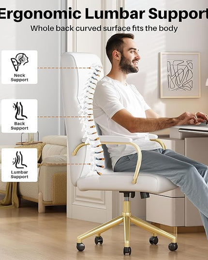 White and Gold Office Chair, High Back office Chair for Women, Modern Desk Chair Comfy with Arms, Leather Executive office Chair with Wheels - LeafyLoom