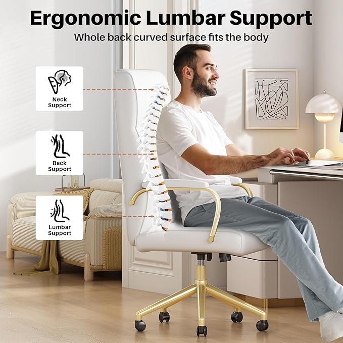 White and Gold Office Chair, High Back office Chair for Women, Modern Desk Chair Comfy with Arms, Leather Executive office Chair with Wheels - LeafyLoom
