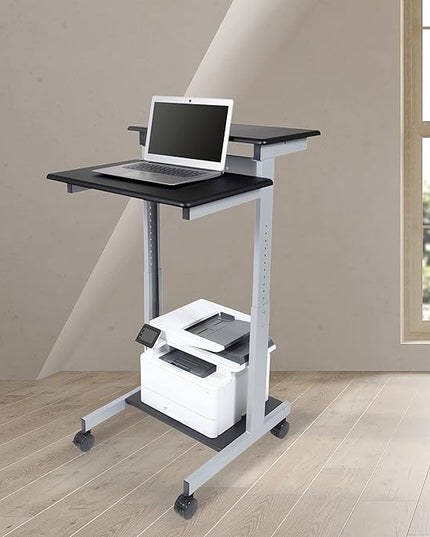Stand Up Desk Store Rolling Adjustable Height Two Tier Standing Desk Computer Workstation (Silver Frame/Black Top, 24" Wide) - LeafyLoom