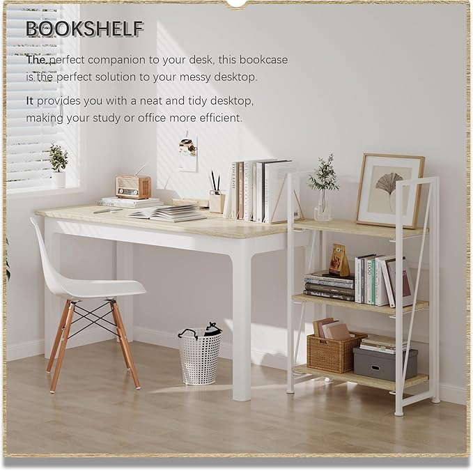 4NM No-Assembly Folding Bookshelf Storage Shelves 3 Tiers Vintage Bookcase Standing Racks Study Organizer Home Office (Natural and White) - LeafyLoom