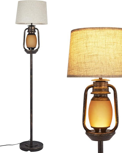 Suraielec Farmhouse Floor Lamp with Night Light, Rustic Standing Lamps for Living Room, Beige Linen Drum Lampshade, Oil Rubbed Bronze Finish, Traditional Floor Lamps for Bedroom Home Decor,Foot Switch - LeafyLoom