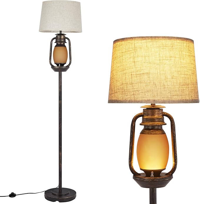 Suraielec Farmhouse Floor Lamp with Night Light, Rustic Standing Lamps for Living Room, Beige Linen Drum Lampshade, Oil Rubbed Bronze Finish, Traditional Floor Lamps for Bedroom Home Decor,Foot Switch - LeafyLoom