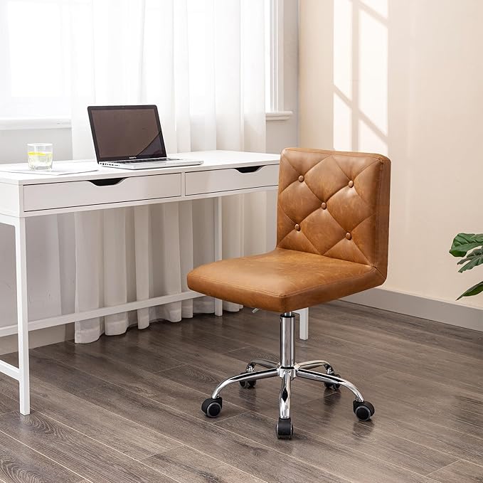 VECELO PU Leather Mid-Back Armless Desk Chair Adjustable Height 360° Rolling Swivel for Home Office Work, Brown - LeafyLoom