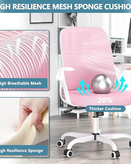 Office Desk Chair with Lumbar Support Ergonomic Mesh Office Chair with Wheels and Flip-up Armrests Adjustable Height Swivel Computer Chair for Home and Office (Pink) - LeafyLoom