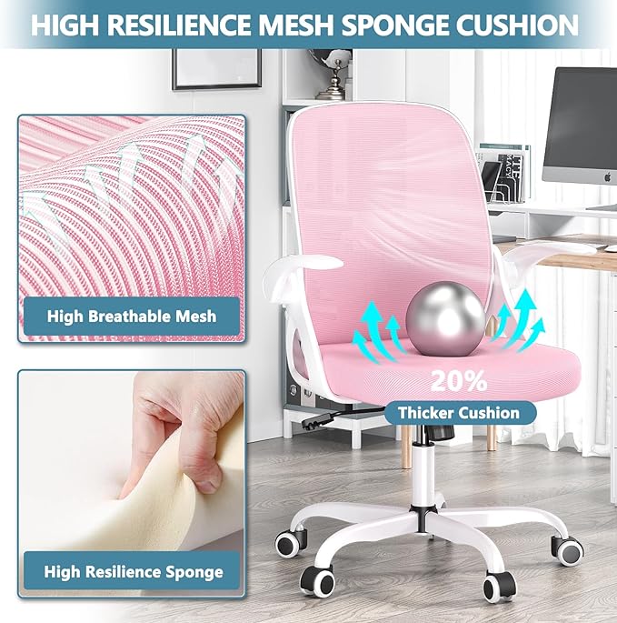 Office Desk Chair with Lumbar Support Ergonomic Mesh Office Chair with Wheels and Flip-up Armrests Adjustable Height Swivel Computer Chair for Home and Office (Pink) - LeafyLoom