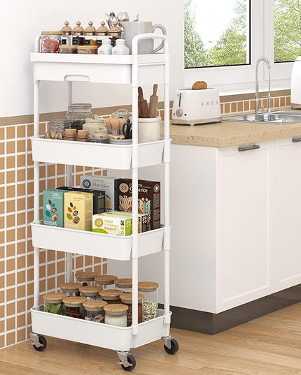 4-Tier Rolling Cart，Trolley with Drawer, Kitchen Storage Organizer with Plastic Shelf & Metal Wheels, Storage Cart for Living Room, Kitchen, Office, Bathroom, White - LeafyLoom