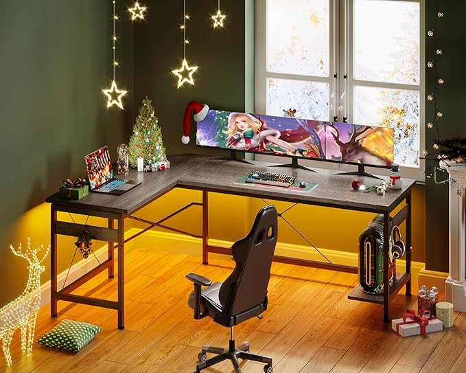 Coleshome 66" L Shaped Gaming Desk, Corner Computer Desk, Sturdy Home Office Computer Table, Writing Desk, Larger Gaming Desk Workstation, Grey Oak - LeafyLoom