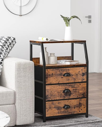 Furnulem Nightstand with 3 Drawers and 2-Tier Shelf, Fabric Small Dresser Organizer Vertical Storage Tower for Bedroom, Closet, Hallway, Nursery, End Table Side Furniture, Sturdy Steel Frame, Wood Top - LeafyLoom