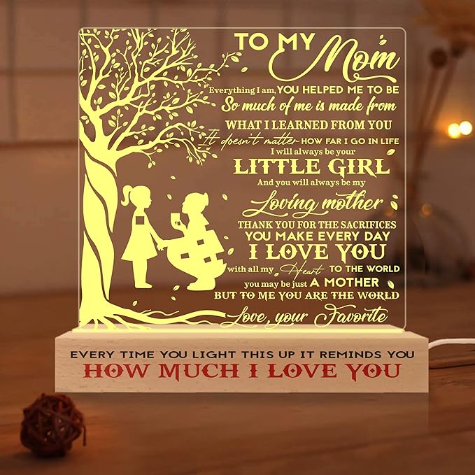 to my Mom 3D Illusion Lamp w/Wooden Base USB Powered, Mom Acrylic Night Light, Gift from Son Boy Kid, Bonus Mom Stepmom Gift, Lamp Present for Mom Mother, Gift for Birthday Mothers Day - LeafyLoom