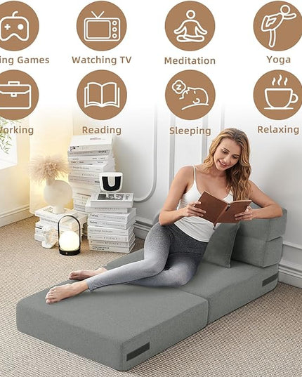 Convertible Folding Sofa Bed - Sleeper Chair with Pillow, Modern Linen Fabric Floor & Futon Couch, Foldable Mattress for Living Room/Dorm/Guest Use/Home Office/Apartment, Single Size Light Gray - LeafyLoom
