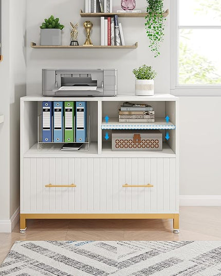 White Lateral File Cabinet with Drawer, 35.4" Modern Filing Cabinet with Adjustable Hanging Rod for Legal/Letter/A4 Size Files, Wood Printer Stand with Open Storage Spaces for Home Office - LeafyLoom