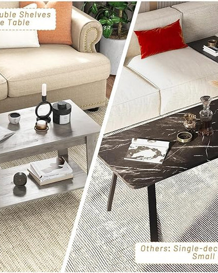 Coffee Table for Living Room, 2-Tier Coffee Table with Storage Shelf, Living Room Table Rectangular Center Table, Farmhouse Wood Coffee Table, Modern TV Stand for Small Spaces, Easy Assembly, Gray - LeafyLoom