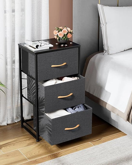 Nicehill Nightstand, Dresser with 3 Drawers, Bedside Table Chest of Drawers, Fabric Dresser for Bedroom, Kids' Room, Living Room, Closet, Small Dresser with Wooden Top Steel Frame, Modern, Dark Grey - LeafyLoom