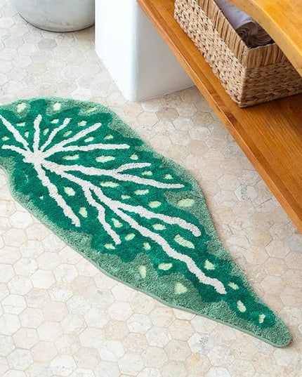 Begonia Non Slip Bath Mat or Kitchen Tufted Rug, Plant Leaf Shaped Kids Pets Floor Mat Carpet, Green, 45.3" x 16.3" - LeafyLoom