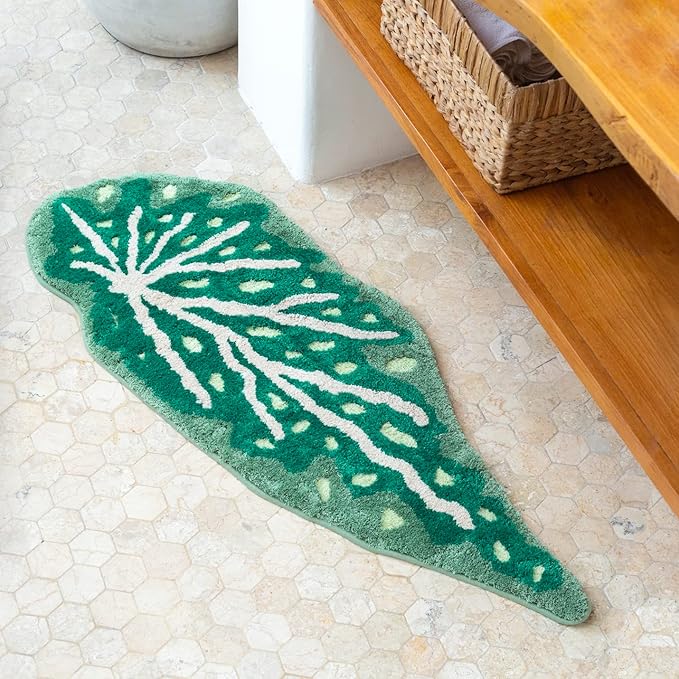Begonia Non Slip Bath Mat or Kitchen Tufted Rug, Plant Leaf Shaped Kids Pets Floor Mat Carpet, Green, 45.3" x 16.3" - LeafyLoom