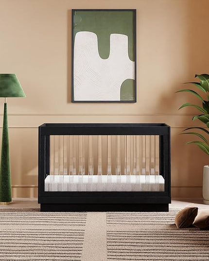 Babyletto Harlow Acrylic 3-in-1 Convertible Crib with Toddler Bed Conversion Kit in Black with Acrylic Slats, Greenguard Gold Certified - LeafyLoom