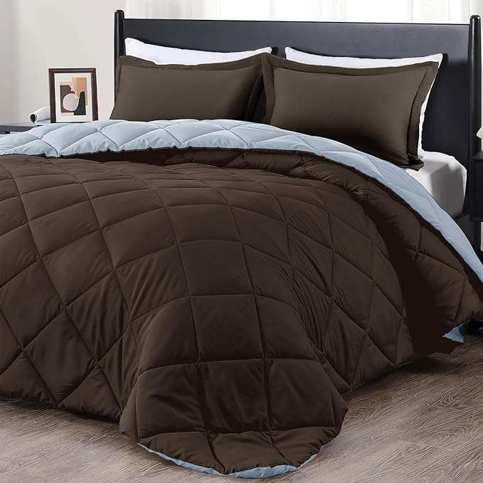 downluxe King Size Comforter Set - Brown and Blue King Comforter, Soft Bedding Sets for All Seasons -3 Pieces - 1 Comforter (104"x92") and 2 Pillow Shams(20"x36") - LeafyLoom