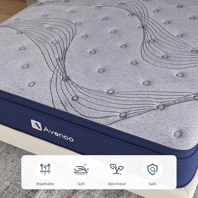 Avenco Queen Mattress, 10 Inch Mattress Queen Hybrid, Medium Firm Queen Mattress in a Box for Pressure Relief and Sound Sleep, Wrapped Coils and CertiPUR-US Foam, Soft Breathable Fabric - LeafyLoom