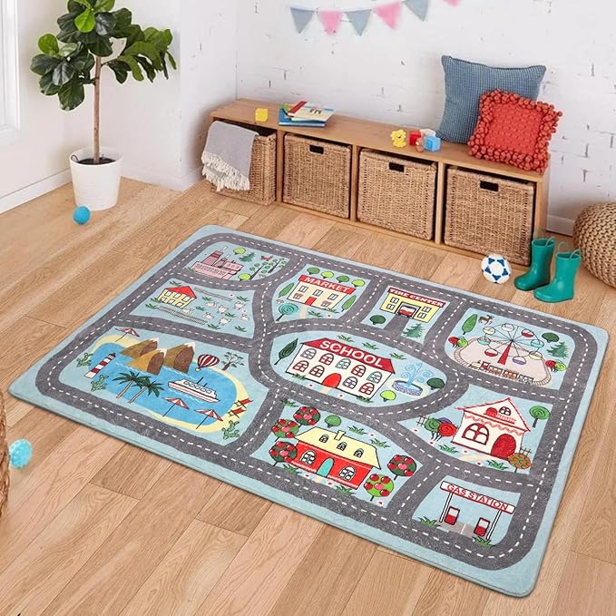 LIVEBOX Kids Rug 3'x5' Car Rug Play Mat for Playing Cars Toys, City Life Playroom Rug Educational Carpet for Children Boy Girl,Road Traffic Nursery Rug for Kids Room Play Area - LeafyLoom