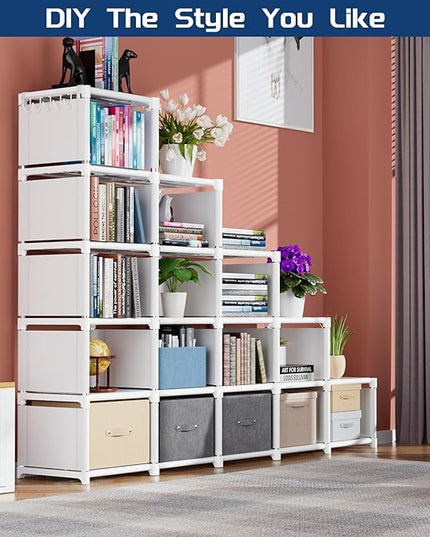 Mavivegue Book Shelf, 16 Cube Storage Organizer, Metal Cube Bookshelf, DIY Bookcase, Tall Book case for Bedroom, Living Room, Office, Closet Storage Organizer, Black Cubicle Storage Rack-White - LeafyLoom