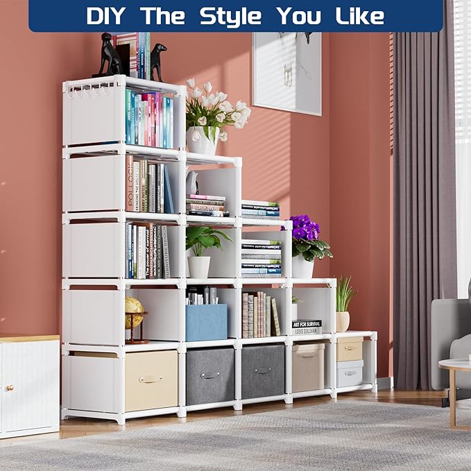 Mavivegue Book Shelf, 16 Cube Storage Organizer, Metal Cube Bookshelf, DIY Bookcase, Tall Book case for Bedroom, Living Room, Office, Closet Storage Organizer, Black Cubicle Storage Rack-White - LeafyLoom