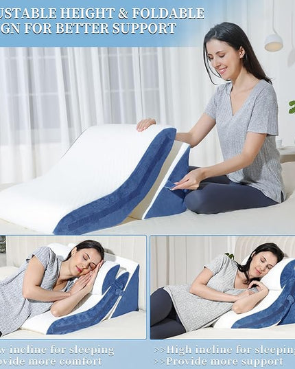 Bed Wedge Pillow for Sleeping 3PCS, 20-in-1 Adjustable Memory Foam Wedge Pillow for Acid Reflux, 3-in-1 Incline Pillow Wedge for After Surgery, Snoring, Back Pain(Navy) - LeafyLoom