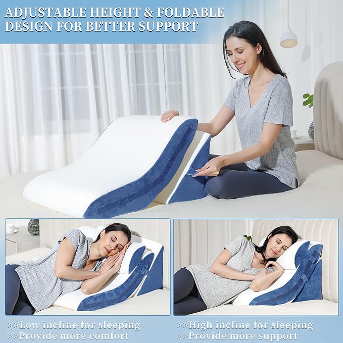 Bed Wedge Pillow for Sleeping 3PCS, 20-in-1 Adjustable Memory Foam Wedge Pillow for Acid Reflux, 3-in-1 Incline Pillow Wedge for After Surgery, Snoring, Back Pain(Navy) - LeafyLoom