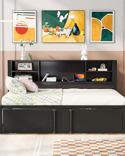 Metal Twin Size Daybed with Twin-Size Trundle, Storage Shelves and USB Ports, BookcaseMetal-Slats Support,No Box Spring Required,for Bedroom/Apartment/Guest-Room,Black - LeafyLoom