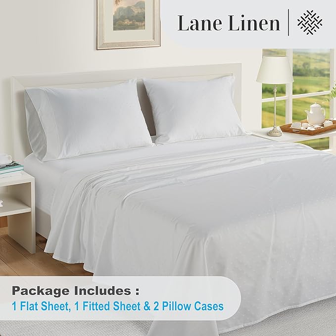 LANE LINEN 100% Egyptian Cotton Bed Sheets - 1000 Thread Count 4PC Queen Sheets Set, Long Staple Cotton Bedding Sheets, Sateen Weave, Luxury Hotel Sheets, Deep Pocket, Swiss Dot - White - LeafyLoom