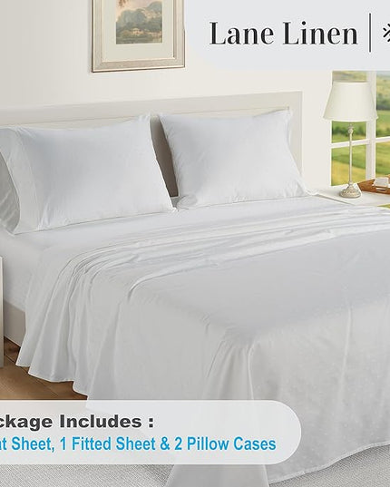LANE LINEN 100% Egyptian Cotton Bed Sheets - 1000 Thread Count 4PC Calking Sheets Set, Long Staple Cotton Bedding Sheets, Luxury Hotel Sheets, Fits Upto 16" Mattress, Swiss Dot - White - LeafyLoom