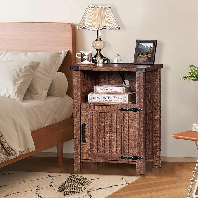 Night Stand with Charging Station and USB Port, 18 Inch Farmhouse Nightstand with Storage Shelf, Rustic Wood Bedside Table with Magnetic Door, Bed Side Tables for Bedroom, Reclaimed Barnwood - LeafyLoom