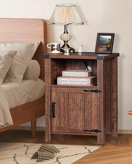 Night Stand Set of 2, 18 Inch Farmhouse Nightstand with with Charging Station and USB Port, Rustic Wood Bedside Table with Magnetic Door, Bed Side Tables for Bedroom, Reclaimed Barnwood - LeafyLoom