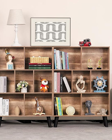 LEYAOYAO 7 Cube Bookshelf 3 Tier Modern Bookcase with Legs,Wood Book Shelves Storage Organizer Shelf,Free Standing Bookcases,Oak Display Bookshelves - LeafyLoom