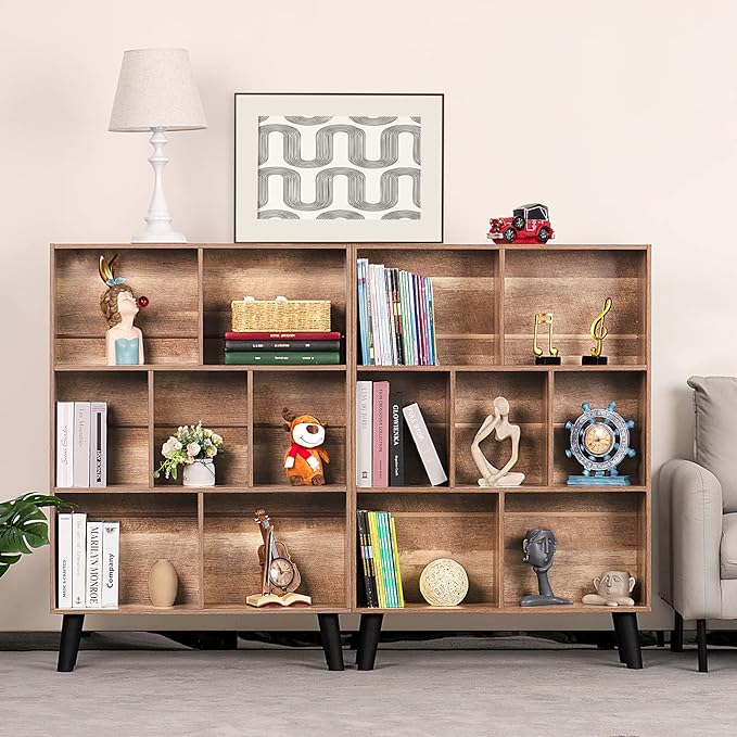 LEYAOYAO 7 Cube Bookshelf 3 Tier Modern Bookcase with Legs,Wood Book Shelves Storage Organizer Shelf,Free Standing Bookcases,Oak Display Bookshelves - LeafyLoom