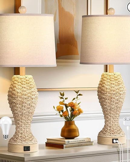 TOBUSA Rattan Table lamps for Bedroom Set of 2, 26.5inch Woven Bedside Lamps with USB C+A, Farmhouse Table Lamps for Nightstand, Coastal Seagrass Lamps for Living Room, End Table (E26 Bulbs Included) - LeafyLoom
