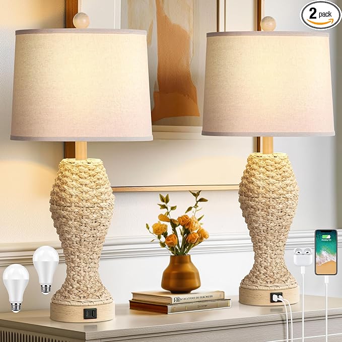TOBUSA Rattan Table lamps for Bedroom Set of 2, 26.5inch Woven Bedside Lamps with USB C+A, Farmhouse Table Lamps for Nightstand, Coastal Seagrass Lamps for Living Room, End Table (E26 Bulbs Included) - LeafyLoom
