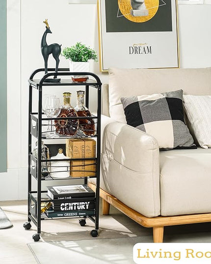 Slim Rolling Storage Cart Small Narrow Kitchen Metal Storage Cart with Lockable Wheels Slim Laundry Bathroom Storage Cart with Wooden top for Kitchen Laundry Narrow Places with Pull-Out Basket Black - LeafyLoom