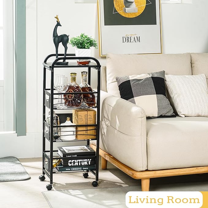 Slim Rolling Storage Cart Small Narrow Kitchen Metal Storage Cart with Lockable Wheels Slim Laundry Bathroom Storage Cart with Wooden top for Kitchen Laundry Narrow Places with Pull-Out Basket Black - LeafyLoom
