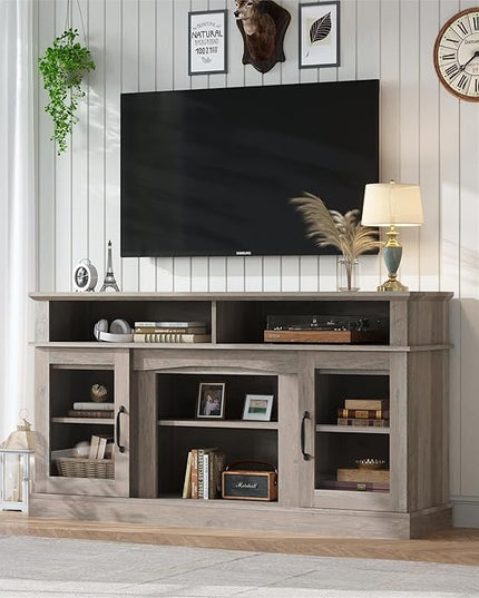 58 Inch TV Stand, Television Stands with 2 Tempered Glass Doors, Storage Cabinet and Shelves, Entertainment Center for Living Room, Barnwood - LeafyLoom