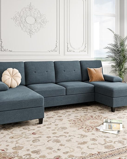 Shintenchi Sectional Couches for Living Room, U Shaped Sofa Couch with Double Chaise, 4-Seat Living Room Furniture Sets with Soft Cushion & Linen Fabric, Dark Grey - LeafyLoom