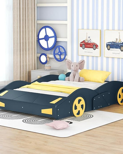 Full Size Bed Frame for Kids, Race Car-Shaped Wooden Platform Bed with Guardrail and Storage Space, Wheels and Support Slats, for Boys Girls Child's Bedroom, No Spring Need (Dark Blue) - LeafyLoom