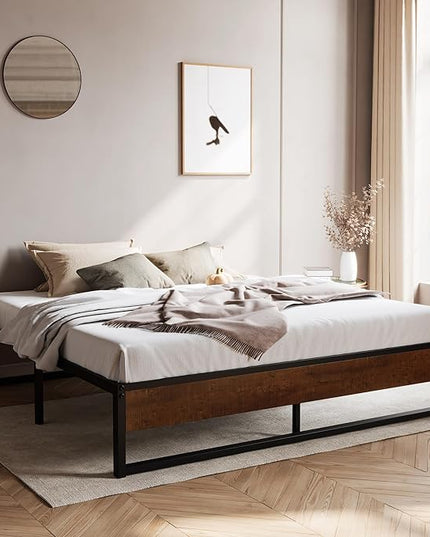 SHA CERLIN 14'' King Size Metal Platform Bed Frame with Rustic Wood & Reverse Holes/Ample Under-Bed Storage Space/Mattress Foundation/No Box Spring Needed/Easy Assembly - LeafyLoom