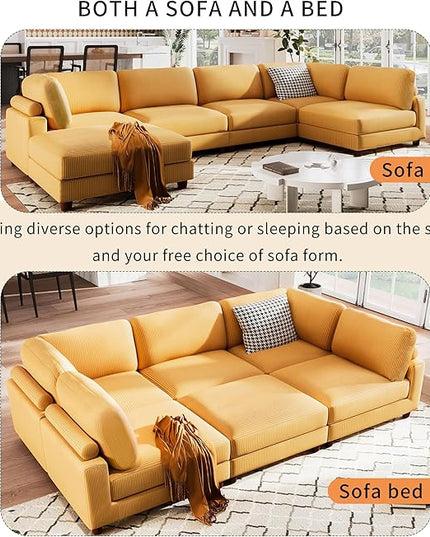 Free Combination Convertible Modular Sectional Sofa with Movable Ottomans , 163'' Oversized Corduroy Upholstered Sleeper Corner Couch Sofabed with Wooden Legs and Detachable Cushions for Living Room - LeafyLoom