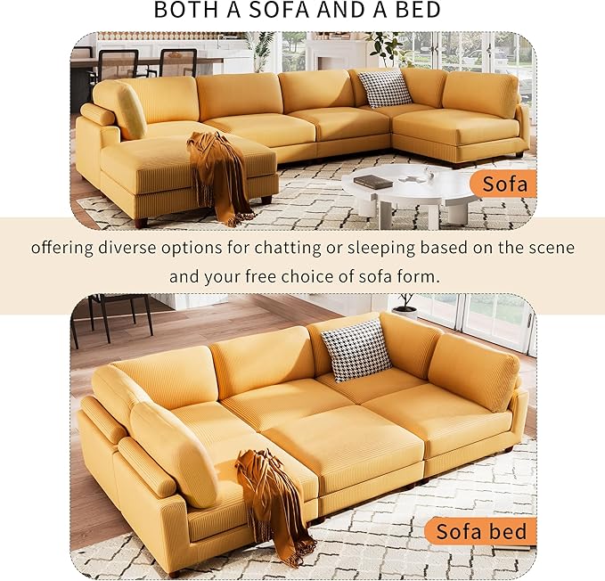 Free Combination Convertible Modular Sectional Sofa with Movable Ottomans , 163'' Oversized Corduroy Upholstered Sleeper Corner Couch Sofabed with Wooden Legs and Detachable Cushions for Living Room - LeafyLoom