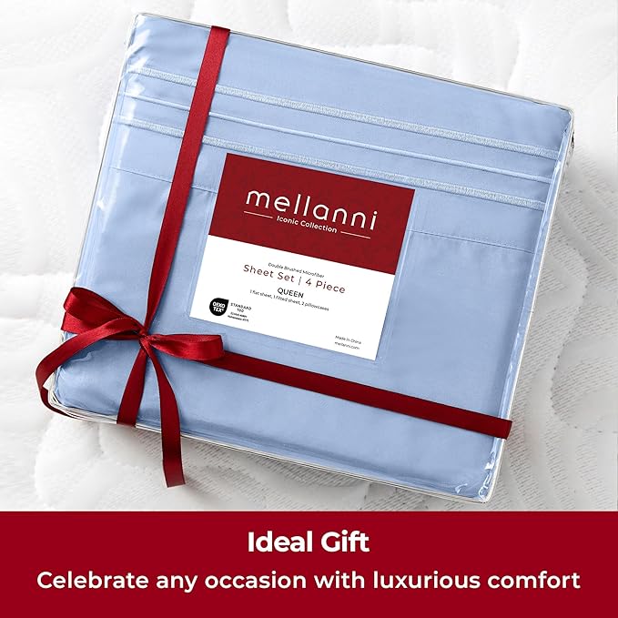 Mellanni California King Sheets Set - 4 PC Iconic Collection Bedding Sheets & Pillowcases - Hotel Luxury, Extra Soft, Cooling Bed Sheets - Deep Pocket up to 16 inch (Cal King, Sky Blue) - LeafyLoom