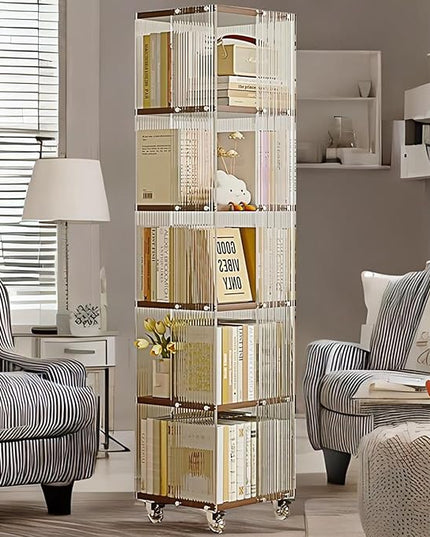 5-Tier Acrylic Book Shelf with Wheels, Mobile Tall Bookcase, Modern Unique Bookshelf Tower, Visible Display Shelf, 360° Rotating Bookshelf Organizer for Home Office Living Room, Walnut - LeafyLoom